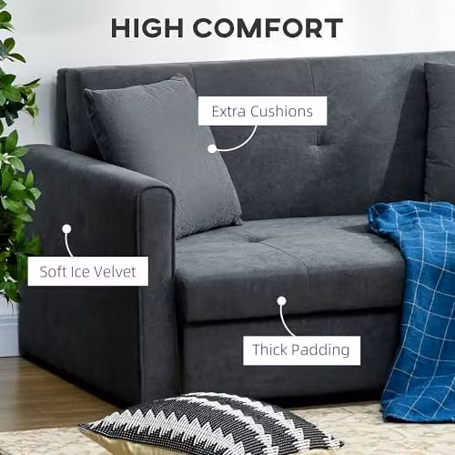 HOMCOM 2 Seater Modern Snow Flannel Sofa Bed with Hidden Storage and Pull Out Drawer, Dark Grey – 6