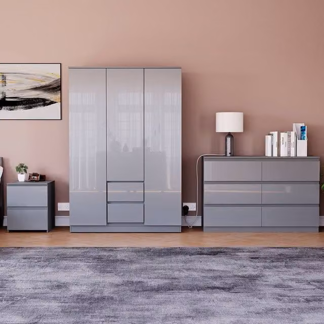 HD Designs Vida Designs Glinton 3 Piece Grey Glossy Bedroom Set – 1