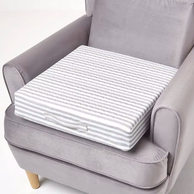 Homescapes Striped Quilted Armchair Booster Cushion with Removable Cotton Cover in Grey Stripe