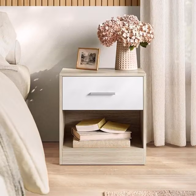 The Bazaarist Modern Bedside Table with Drawer and Open Storage Compartment in Beige, White and Brown