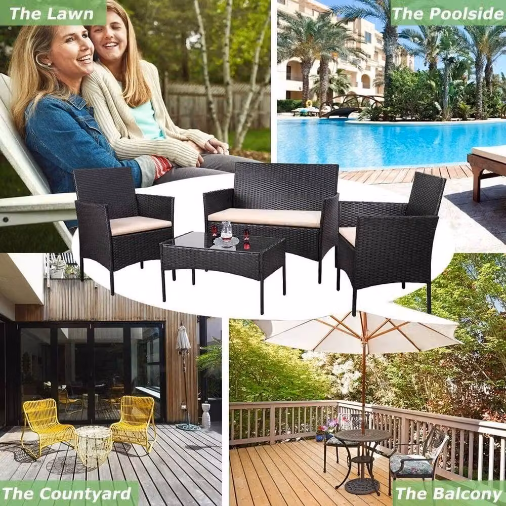 FLAVORA Modern Grey Rattan Garden Furniture Sofa Set – 3