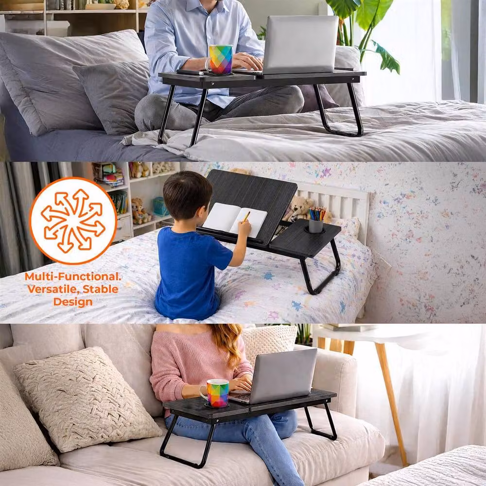 FLAVORA Black Foldable Laptop Table with Adjustable Tilting Top and Height-Adjustable Legs – 4