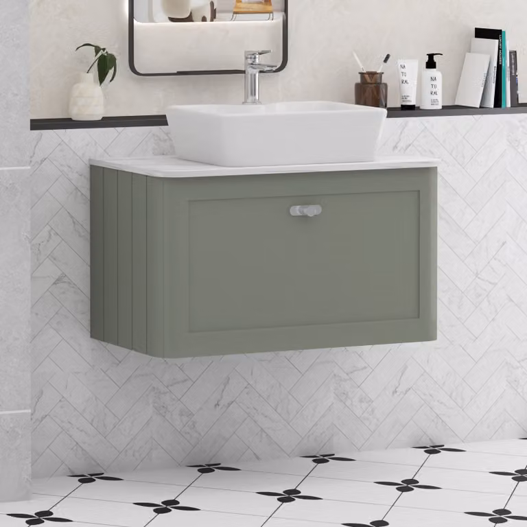 Royal Bathrooms Henley 800mm Sage Green Wall Hung Vanity Unit with 1 Drawer and Carrara White Worktop