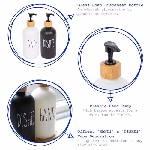 Harbour Housewares 2pc Glass Refillable Soap Dispenser Set with Pump in White and Black, 500ml – 2