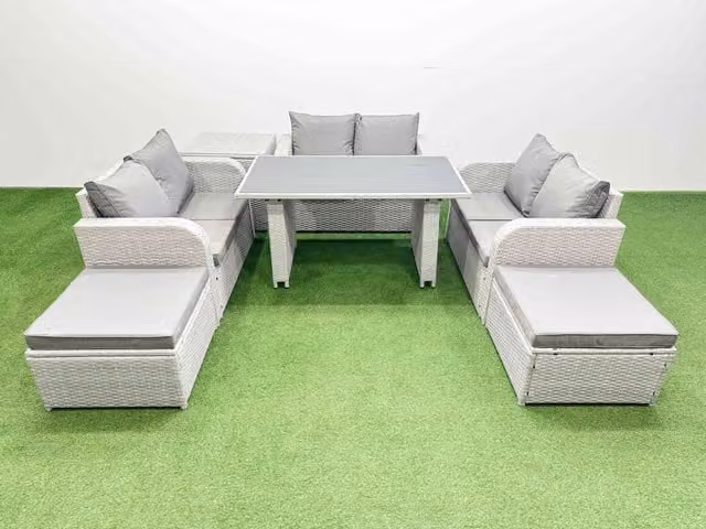 Fimous 8 Seater Rattan Garden Furniture Set with Side Table and 2 Large Stools in Light Grey