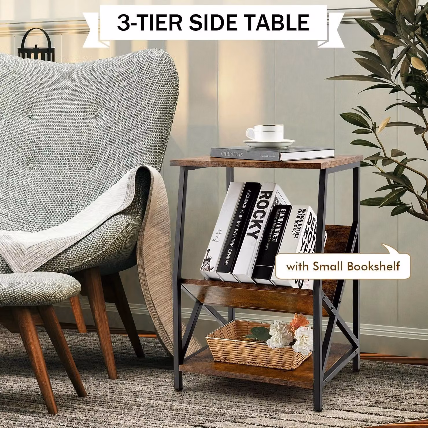 Costway 3-Tier Record Player Stand and Record Holder Shelf with Magazine Holder in Brown and Black – 4