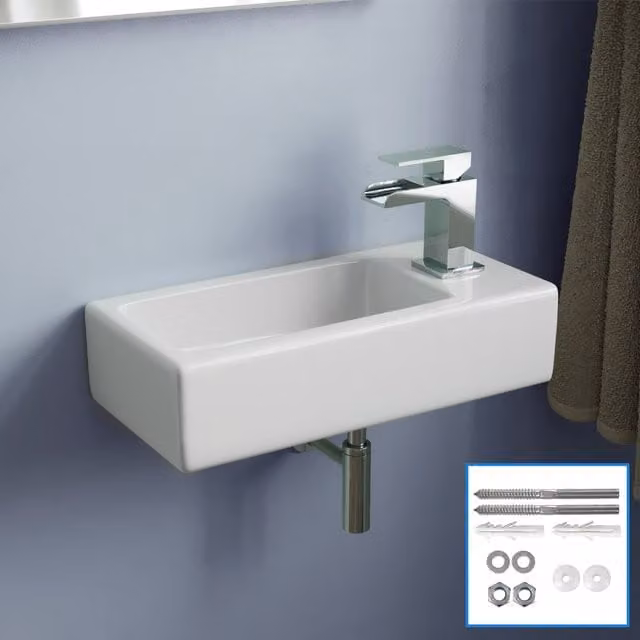 Nes Home White Ceramic Rectangular Wall Hung Small Cloakroom Basin with Fittings, W: 37.5 cm, D: 18.5 cm