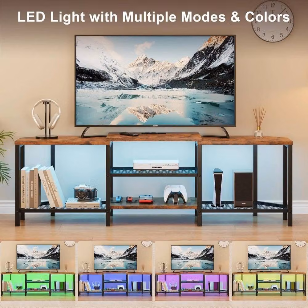VOGREX Brown Industrial Wood TV Stand with Integrated LED Lights and Charging Station for up to 75 Inch TVs – 3