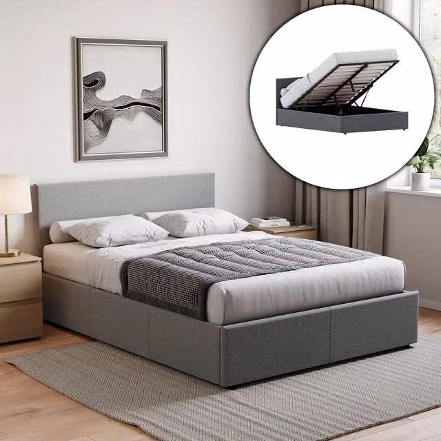 Vida Designs Veronica King Ottoman Bed Frame in Light Grey Fabric with Gas-Lift Storage, H 82 x W 159 x D 210 cm – 1