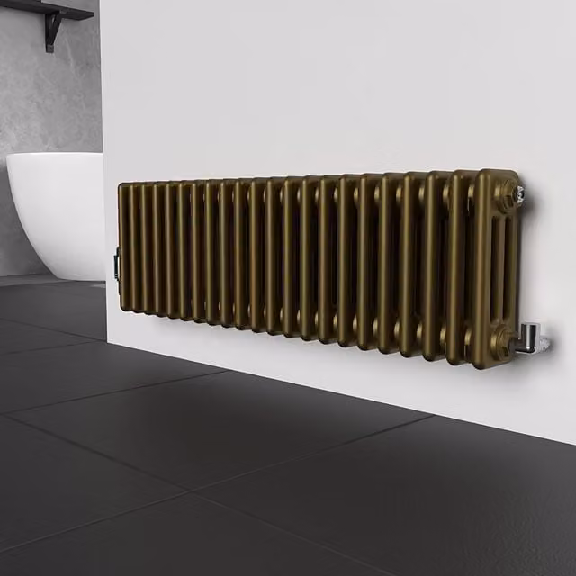 Lux Heat Horizontal 3 Column Steel Radiator in Antique Brass, H: 30.0 cm, W: 101.0 cm, D: 6.77 cm