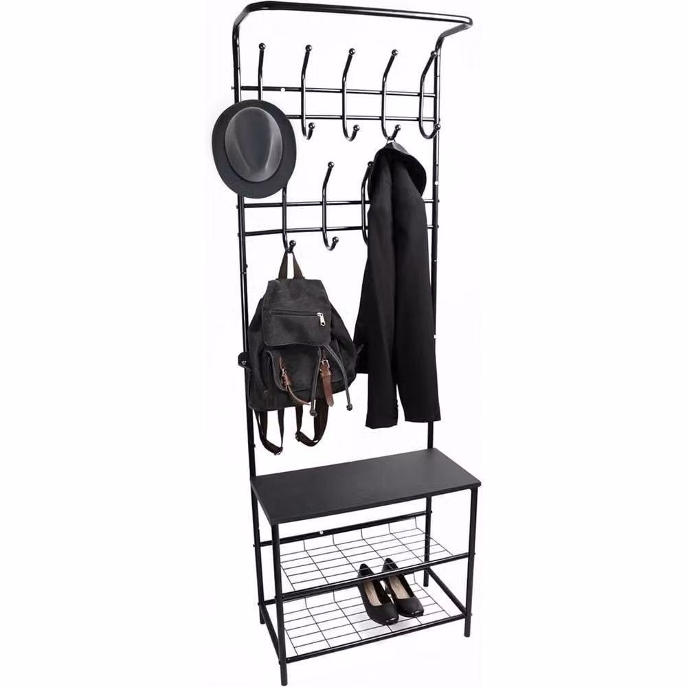 FORGEVIO Matt Black Metal Hall Tree with Bench and Dual Hook and Rail Matrix – 6