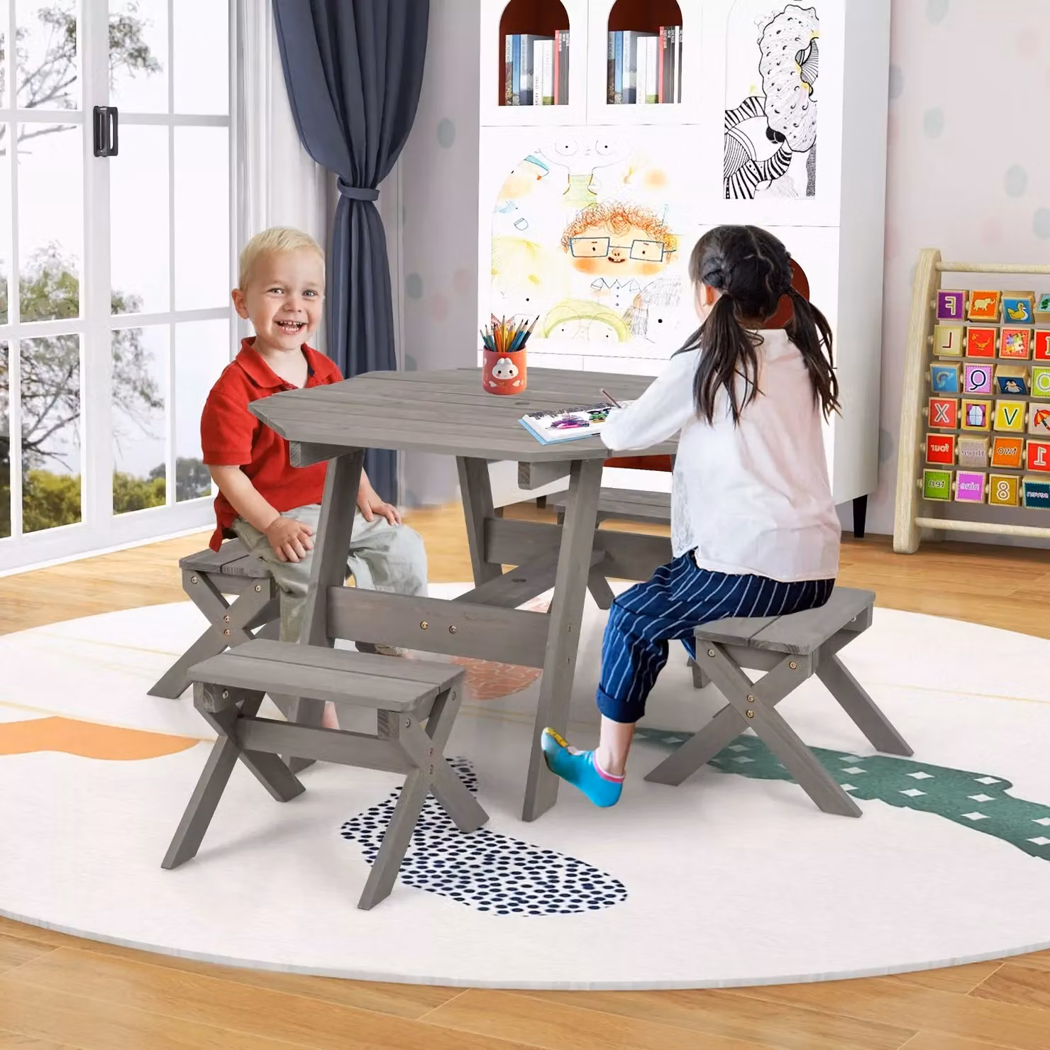 Costway Wooden Octagon Kids Picnic Table Set with 4 Chairs and Umbrella in Grey – 3