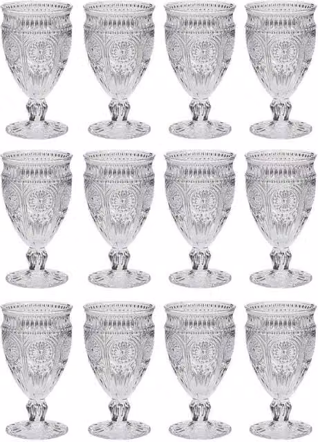 Dibor Set of 12 Luxury Embossed Geometric Wine Goblets, 350ml, Clear