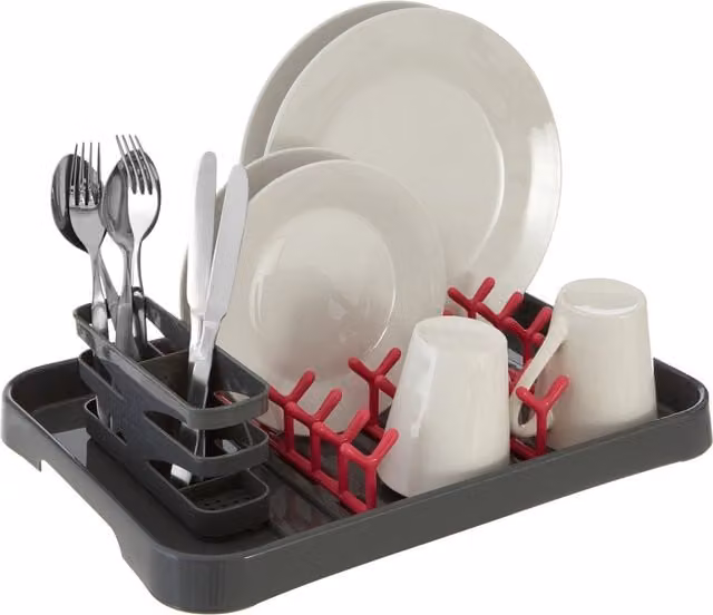 Premier Housewares Plastic Dish Drainer with Cutlery Holder and Drip Tray, Grey and Pink, W/D/H: 43.0 x 32.0 x 11.0 cm – 1