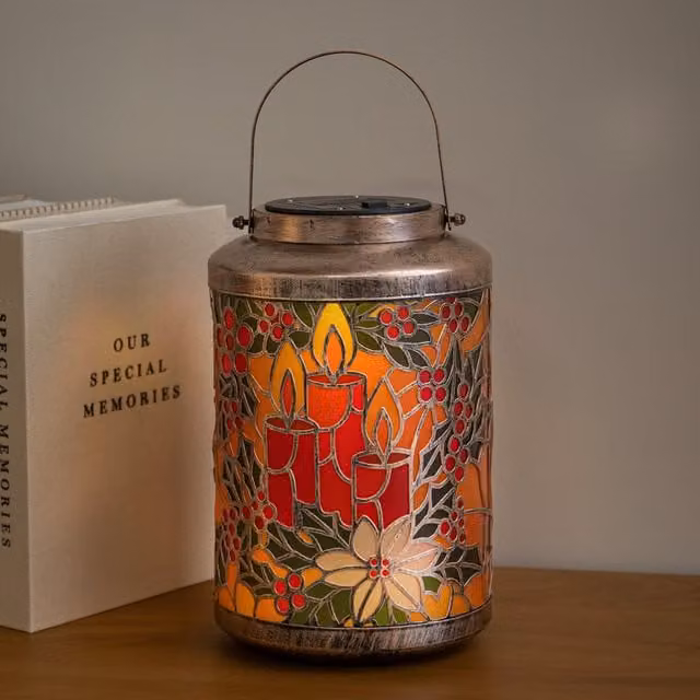 Samuel Alexander White and Multicolour Floral Metal Christmas LED Candle Lantern with Timer, Height: 34 cm