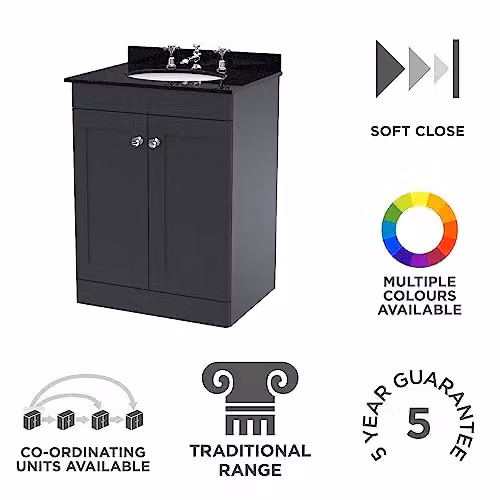nuie Classique CLC1425BR3 Floor Standing 2 Door Bathroom Unit with 3 Tap Hole Marble Worktop and Round Basin in Soft Black, W: 62.0 cm, D: 47.0 cm, H: 87.8 cm – 2
