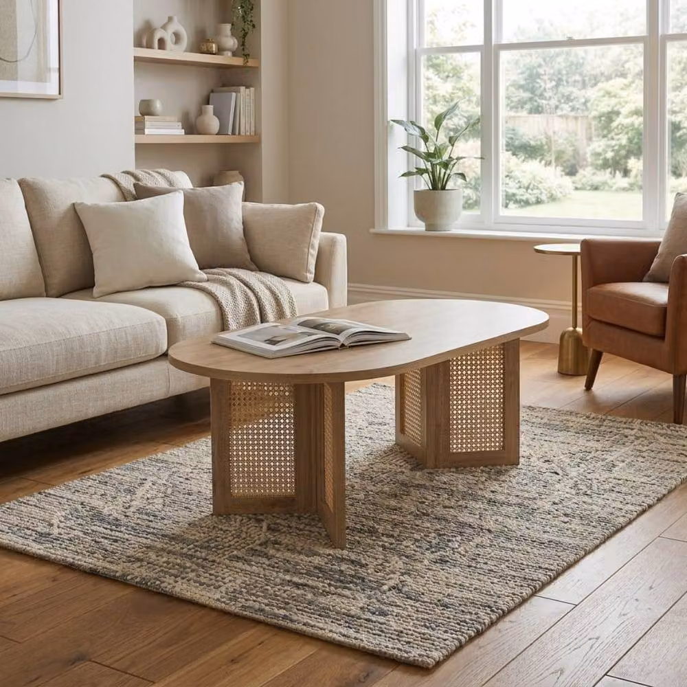 CALICOSY Talia Oval Coffee Table with Rattan Legs in Light Brown, W/D/H: 120 x 60 x 40 cm – 2