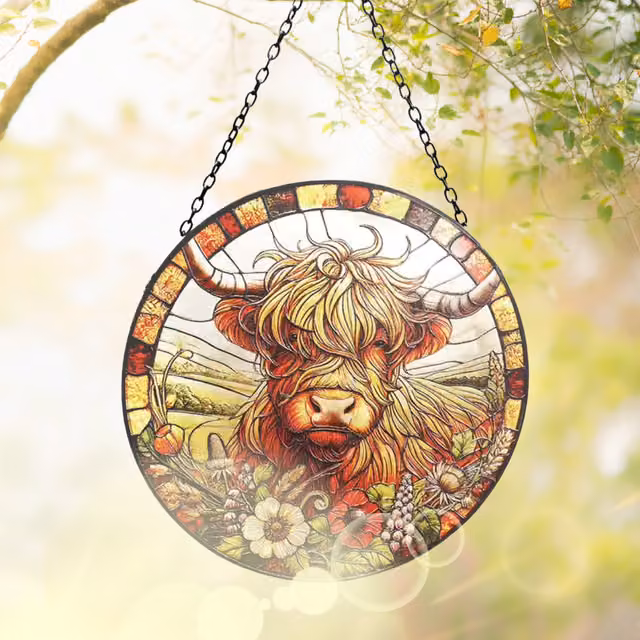 Betley Butterfly Stained Glass Highland Cow Suncatcher in Brown and Multicolour