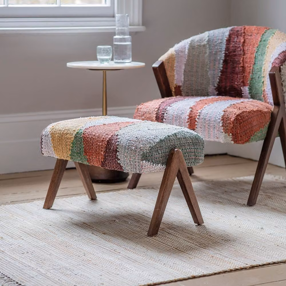 Atkin & Thyme Scoop Footstool in Multicoloured Striped Cotton Fabric