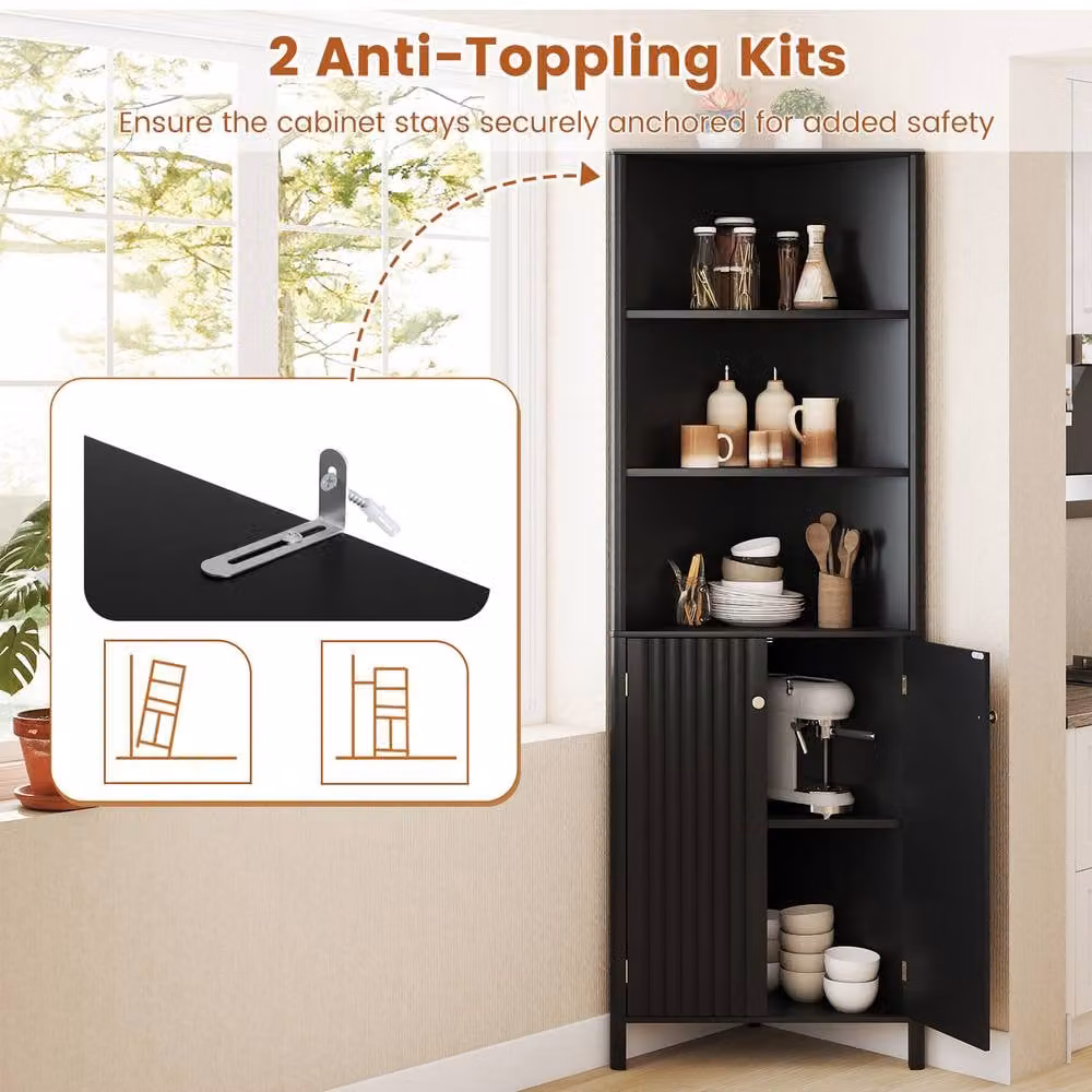 Costway Modern Black Corner Storage Cabinet with 5 Shelves and Hinged Doors – 7