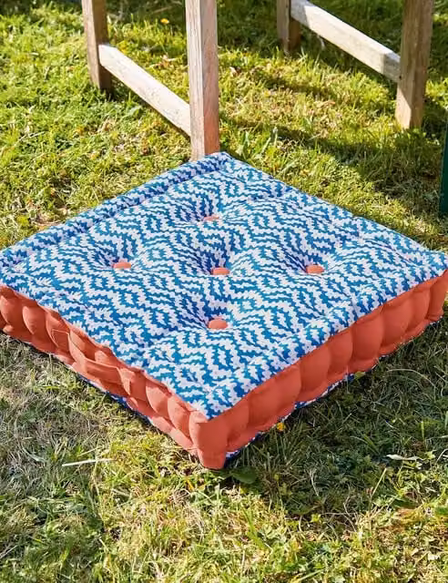 LAND & SHORE Blue Mix Patterned Square Pure Cotton Outdoor Cushion with Stain Repellent Finish