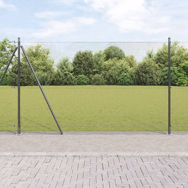 Berkfield Home Grey Steel Welded Wire Fence with 13 Flanged Posts, W: 25 m, H: 1.4 m – 1