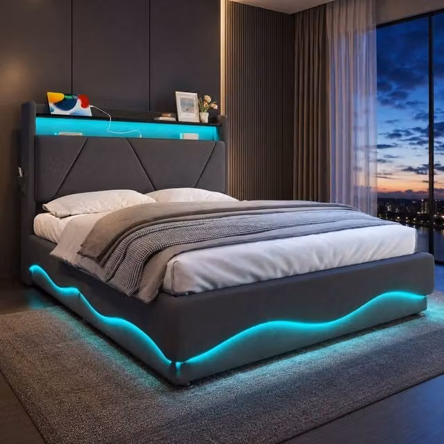 STILVORA Grey Velvet Double Upholstered Bed with Storage, USB Charging Ports, Bedside Shelves and Under-bed Lighting, W/D/H: 140 x 200 cm