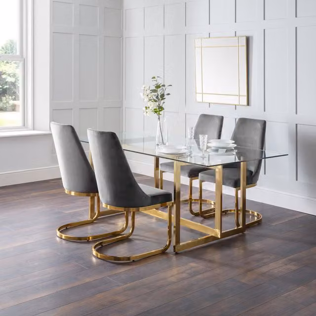 Julian Bowen Minori Rectangular Glass Dining Table and Vittoria Chairs Set in Grey and Gold