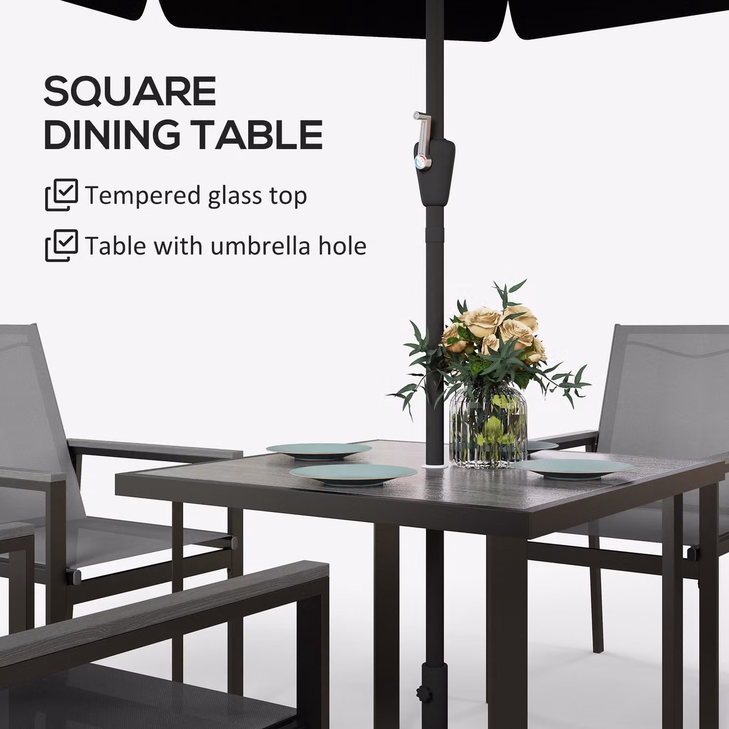 Outsunny 5 Piece Garden Dining Set in Grey with Glass Top Square Table and 4 Armchairs with Breathable Mesh Fabric Seats – 4
