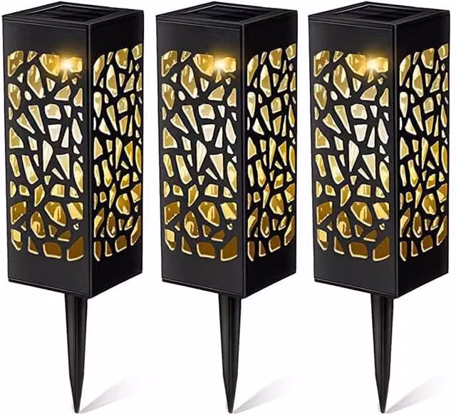 GEEZY Set of 3 Solar LED Pathway Stake Lights in Black with Warm White Light