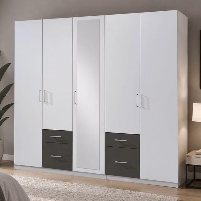 Freiburg White and Grey 5 Door Wardrobe with Mirror, Width: 225 cm