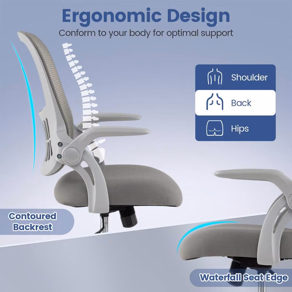 Gymax Ergonomic Mesh Office Chair in Grey with Flip-Up Arms and Castors – 2