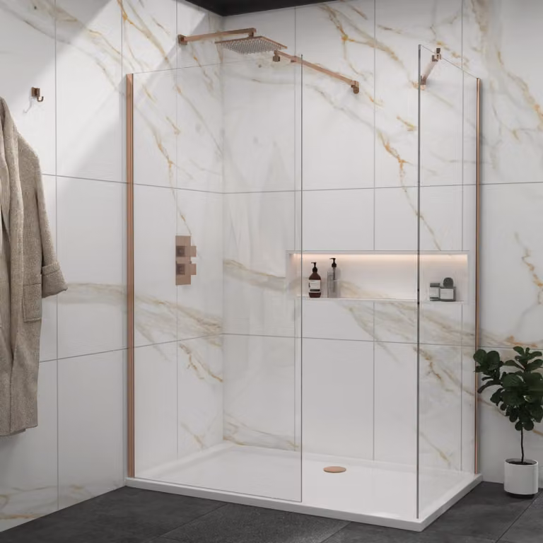 Royal Bathrooms Marbella Walk In Shower Enclosure with Brushed Bronze Finish and 1700 x 760 mm Tray, 8 mm Easy Clean Glass