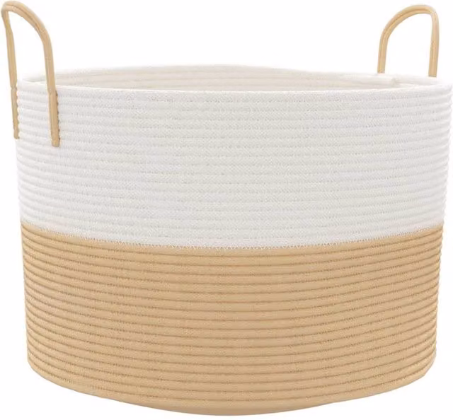 Berkfield Open Weave Cotton Storage Basket in Beige and White, W: 51 cm, D: 33 cm