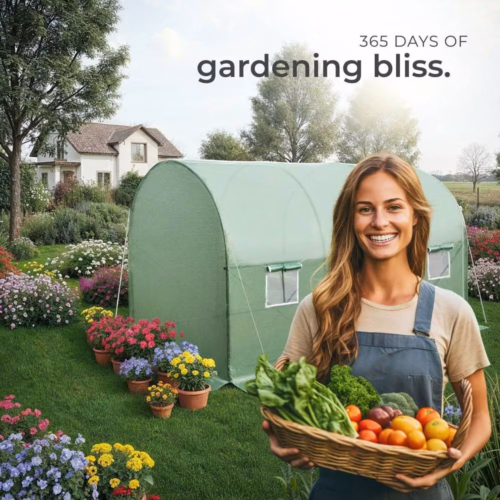 tectake Green Polytunnel Greenhouse with 6 Windows, W/D/H: 343 x 200 x 200 cm – 6