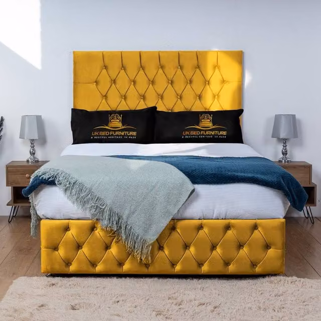 UK Bed Furniture Monaco Double Divan Bed Base with 26 Inch Headboard in Yellow Velvet, W/D/H: 140 x 200 x 66.04 cm