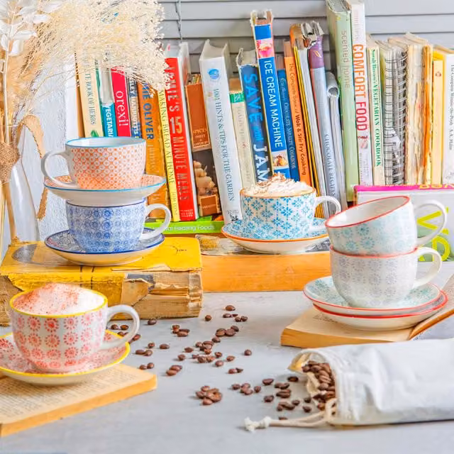 Nicola Spring Floral Hand-Printed Cappuccino Cup and Saucer Set, 250ml, Multicolour and White, Pack of 12