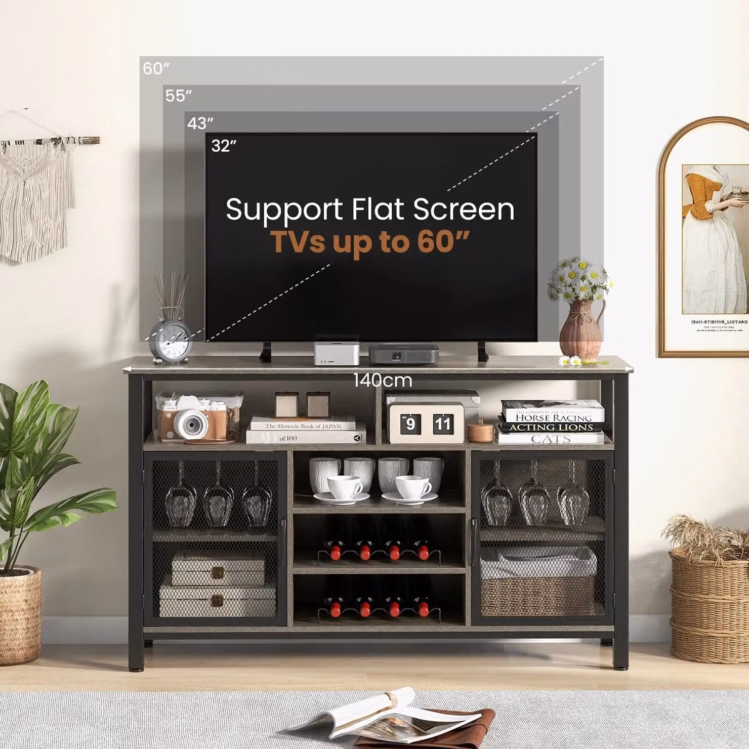 Costway Industrial Wine Bar Cabinet Grey Buffet Sideboard with 8-Bottle Wine Racks, W: 140 cm, H: 84 cm – 5
