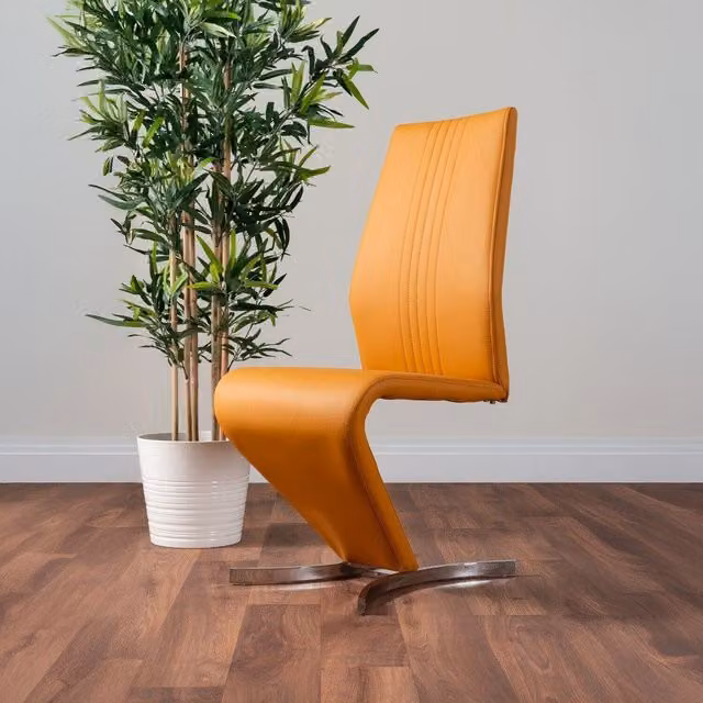 FurnitureboxUK Set of 2 Willow Contemporary Z Shaped Faux Leather Dining Chairs with Chrome Metal Legs in Yellow