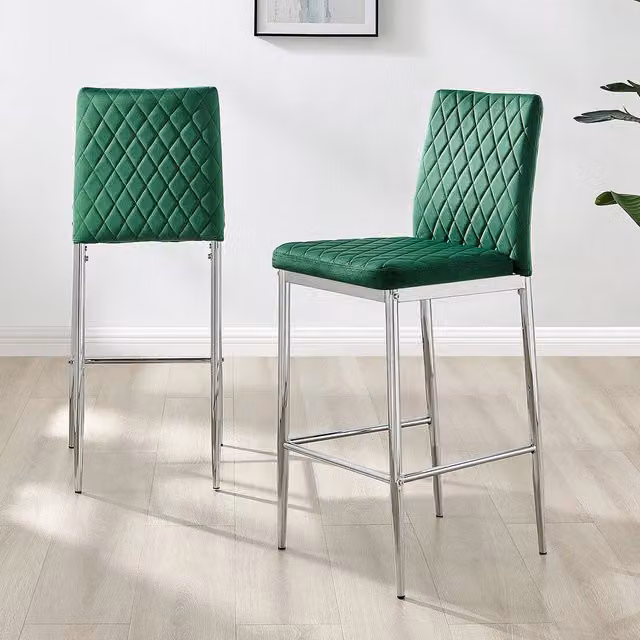 FurnitureboxUK Set of 2 Modern Milan Velvet Bar Stools in Green with Silver Metal Legs