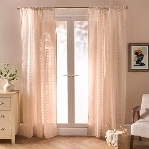 OHS Tufted Pompom Voile Net Curtains, 2 Panels, Beige, W: 140 cm, Drop: 220 cm