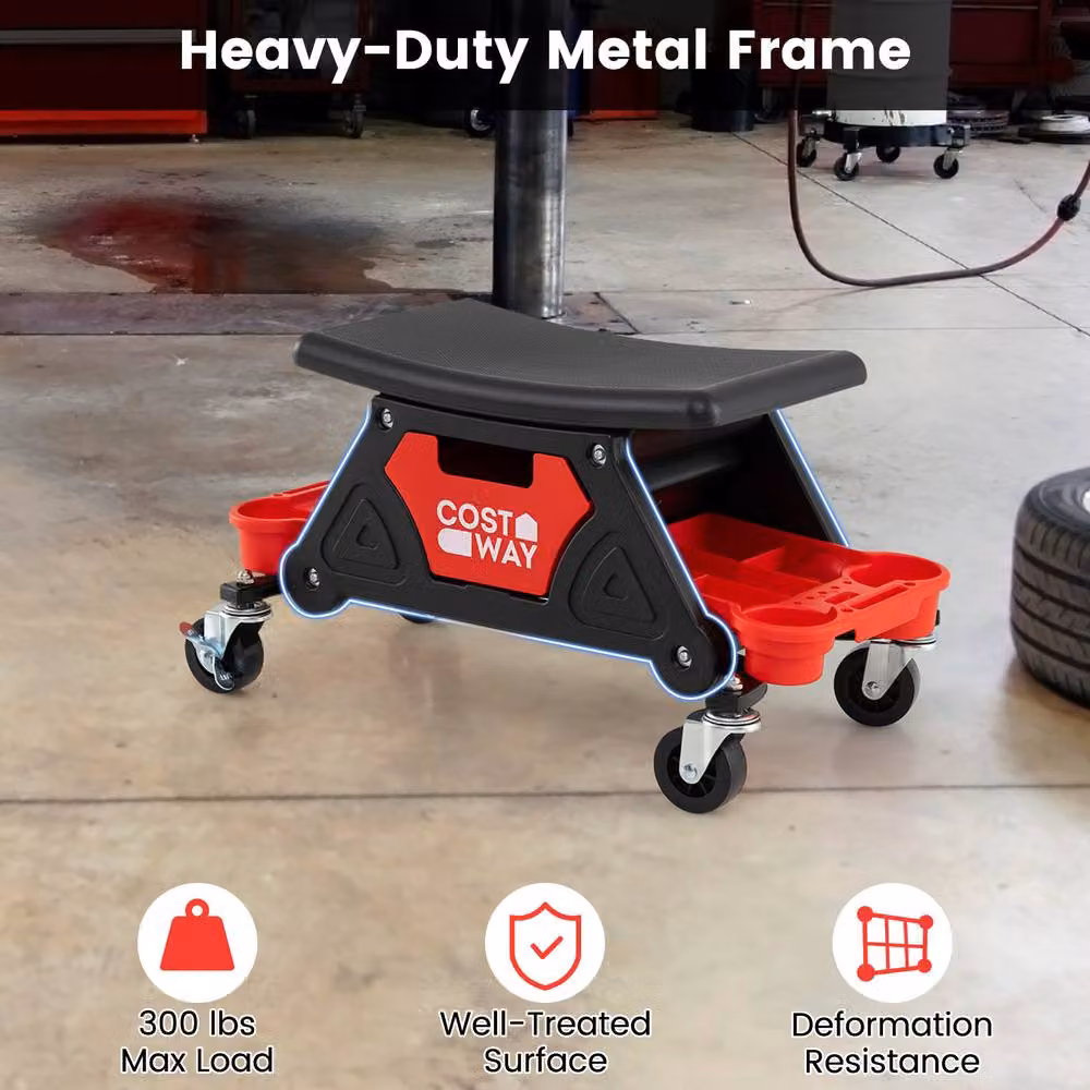 Costway Heavy-Duty Rolling Mechanic Garage Stool with Drawer and 2 Trays in Red – 5