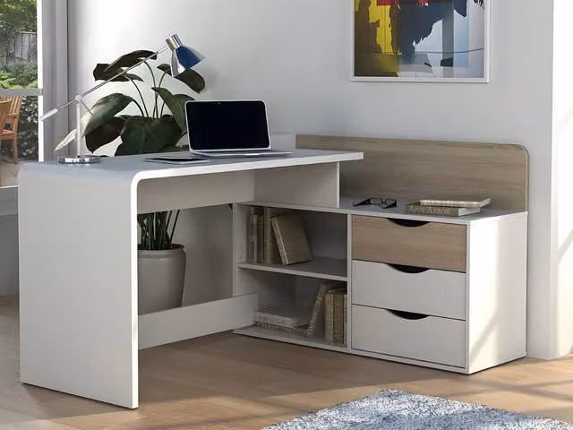 Vente-unique DECLAN II Corner Desk in White and Light Oak with 3 Drawers and 2 Shelves, W/D/H: 112.5 x 62 x 79.5 cm – 1