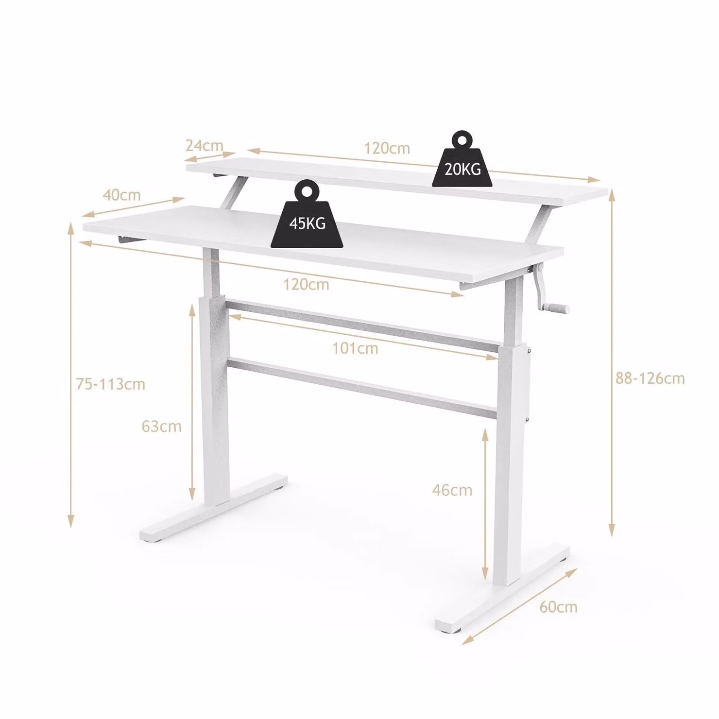 Costway 2-Tier Height Adjustable Sit to Stand Computer Desk with Manual Crank in White – 3