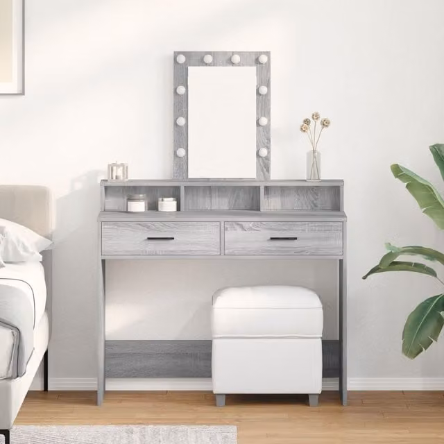 Berkfield Home Hollywood LED Dressing Table in Grey Sonoma, W/D/H: 100 x 41 x 140 cm