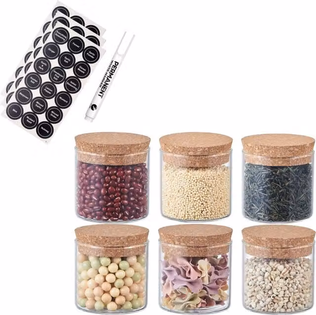 Eden & Willow Set of 6 Round Glass Spice Jars with Cork Lids and Labels, Transparent, 150ml per jar