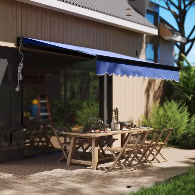 Outsunny Electric Awning with LED Light and Remote Controller, Blue, W: 2.5 m, D: 2 m