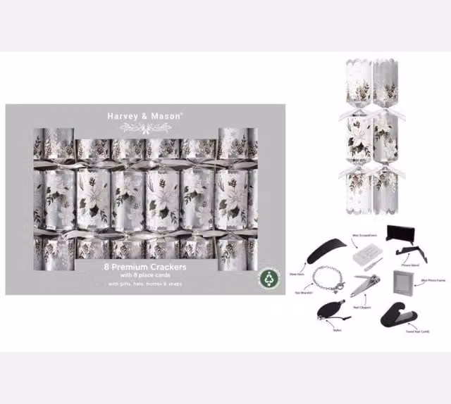 KDMD 8 Pack Premium Winter Floral Christmas Crackers in Silver and Grey