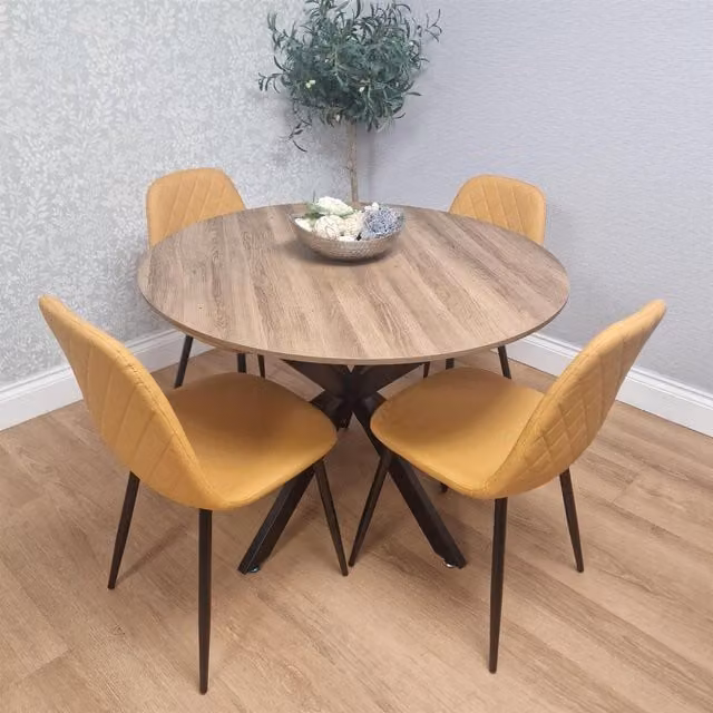 KOSY KOALA 4 Seater Round Dining Set with Wood Table and Yellow Leather Chairs with Black Metal X-Shaped Legs