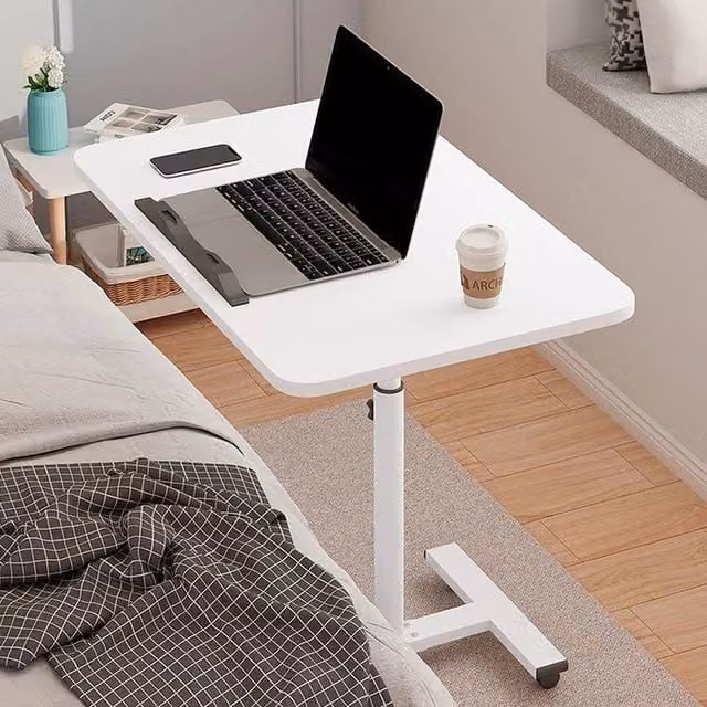 NESTLUNE White Adjustable Height Over Bed Laptop Table with Castors